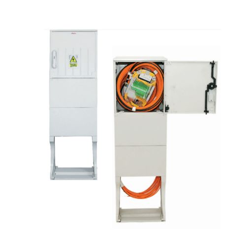 Picture of Saturn distribution point equipped with 12 SC APC DX adapters, 24 2.0mm pigtails, splice trays and 2 line ports